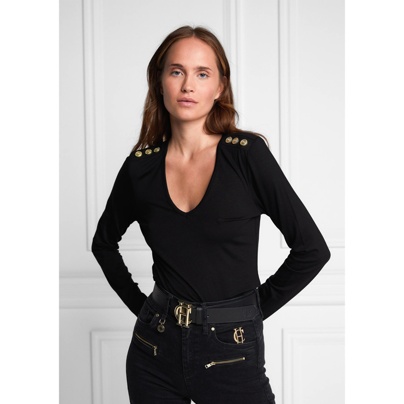 Holland Cooper Long Sleeve Vee Neck Tee - Black-1